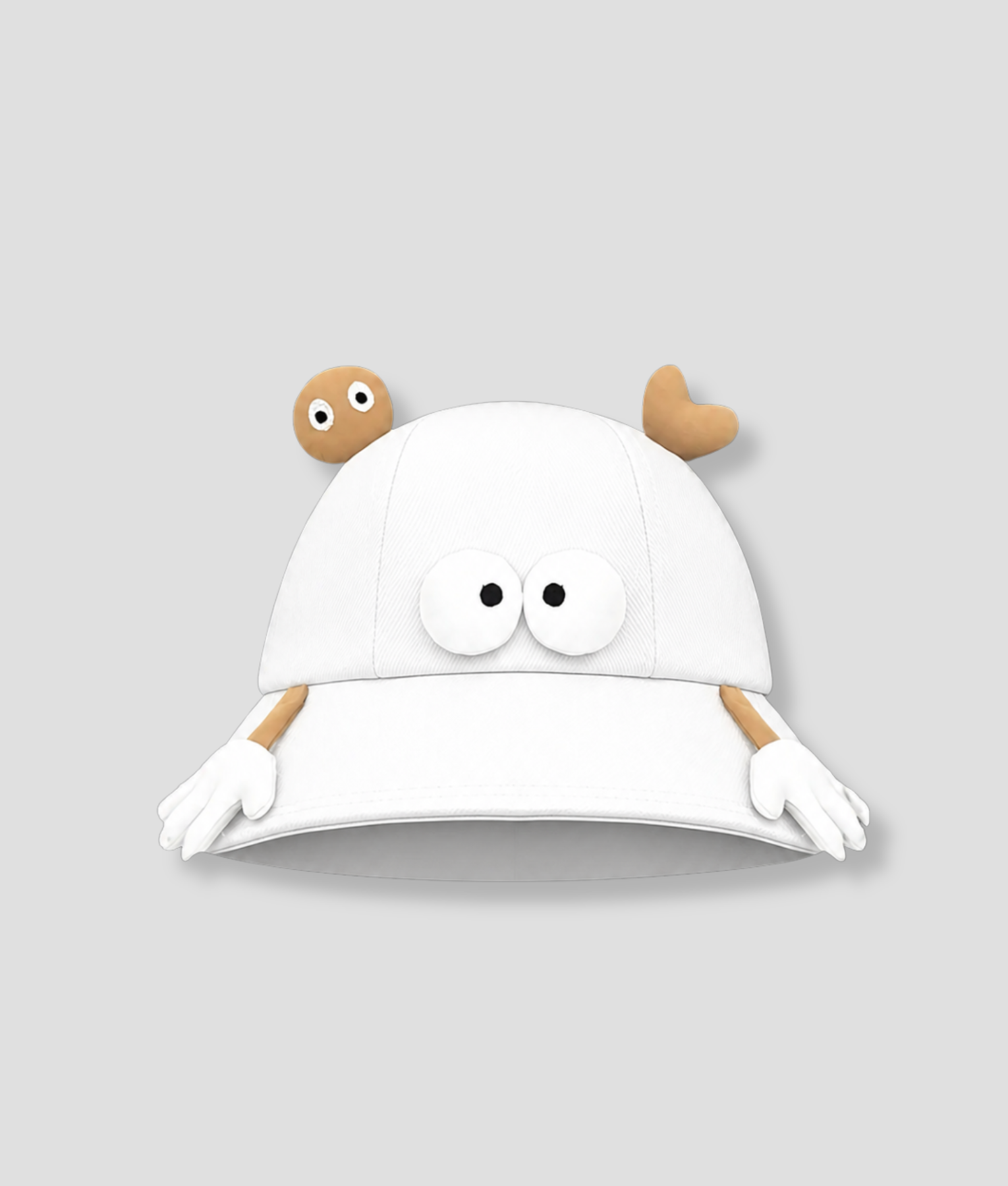 PEP SCHEP witte bucket hat met grappige 3D illustratie – witte vissershoed met speelse karakter details zoals oogjes en handjes