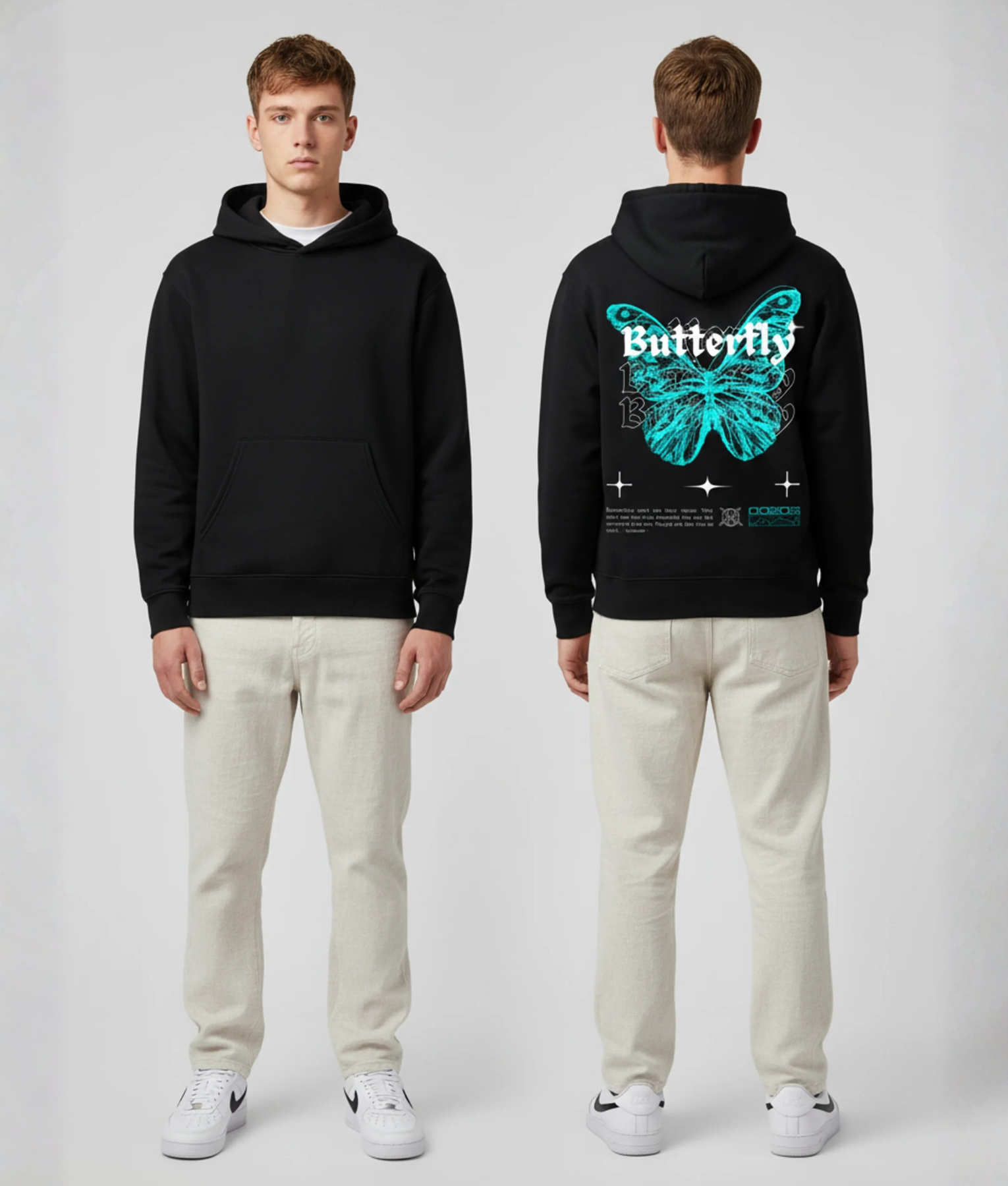 Zwarte hoodie met cyaan vlinder en Butterfly print op de rug
