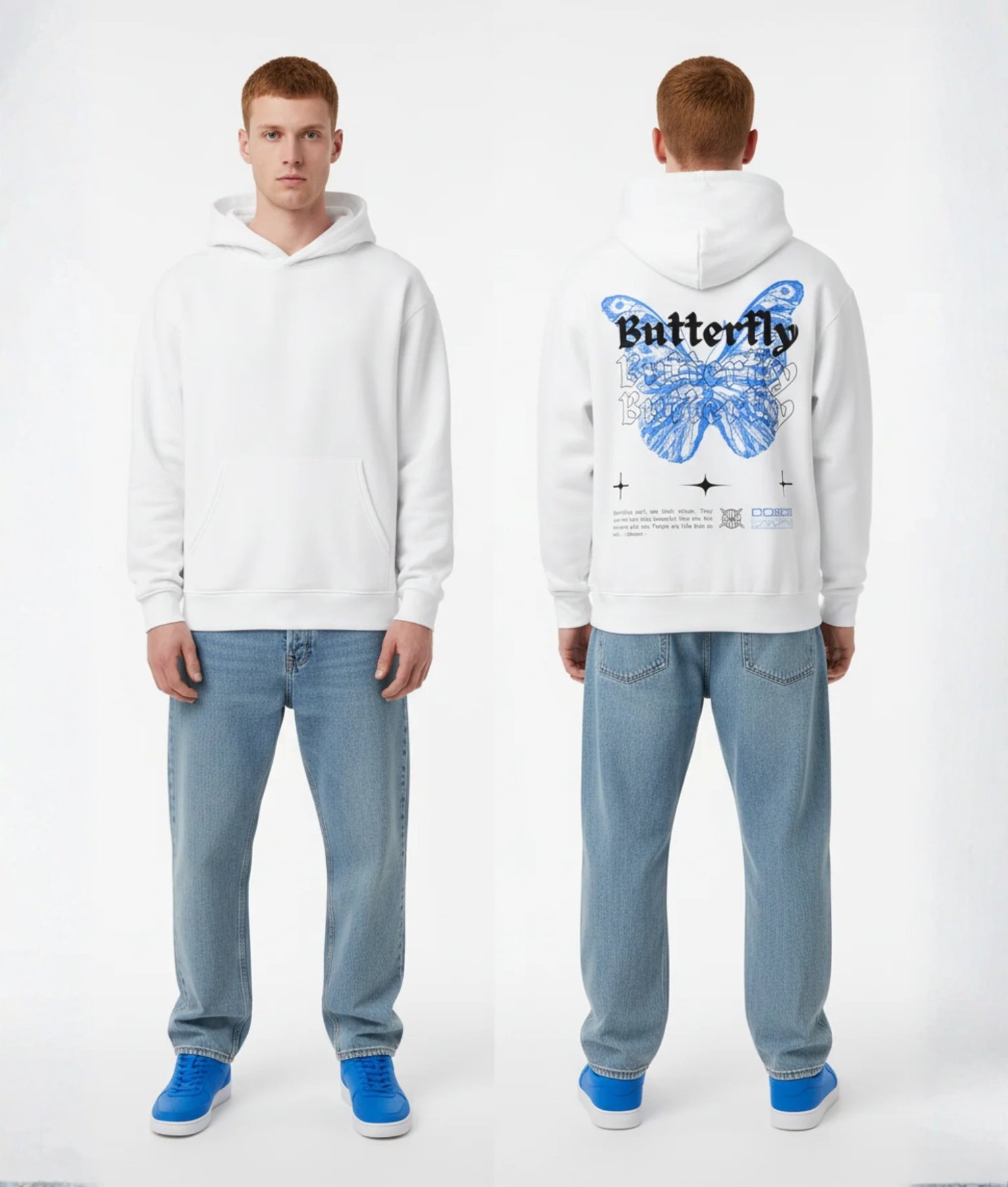 Witte hoodie met blauwe vlinder en Butterfly tekst op de rug