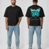 Zwart T-shirt met cyaan vlinder en Butterfly tekst op de rug