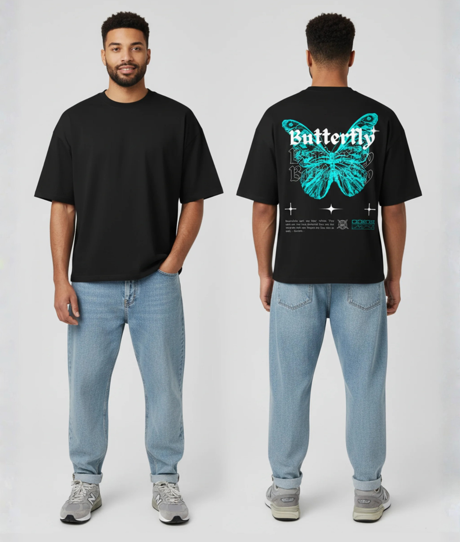 Zwart T-shirt met cyaan vlinder en Butterfly tekst op de rug