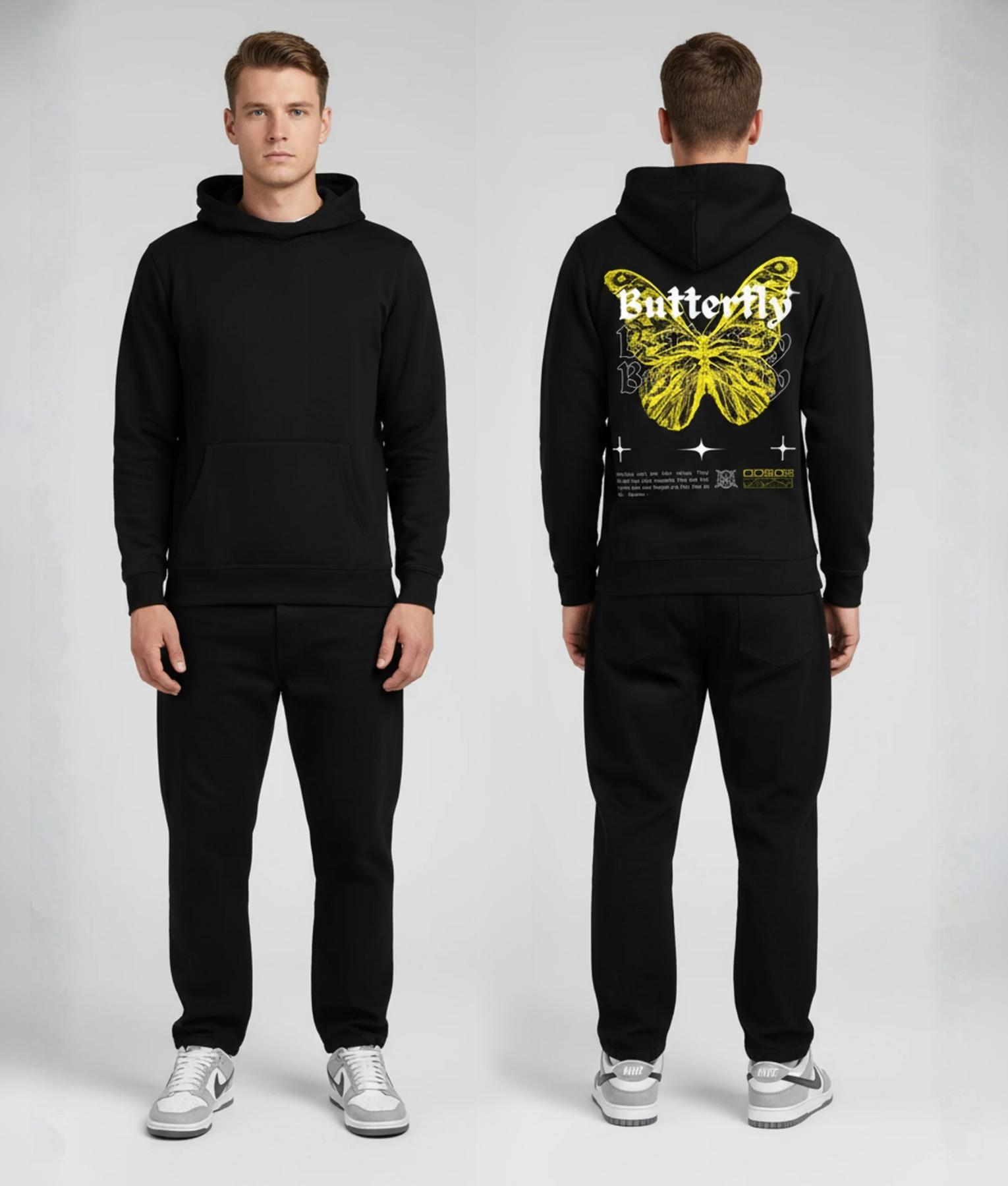 Man in zwarte hoodie voor- en achterkant met gele vlinder en Butterfly print op de rug