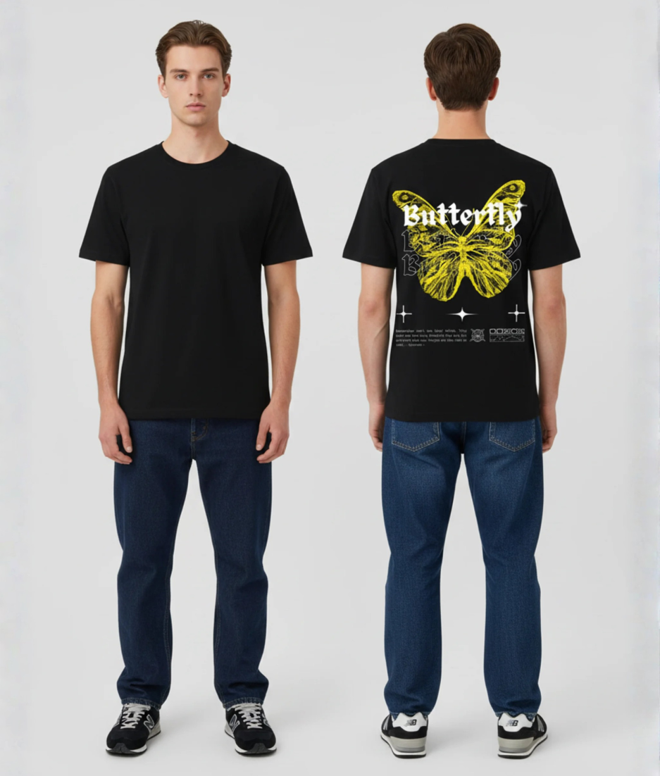 Zwart T-shirt met grote gele vlinder illustratie en Butterfly tekst herhalend in gothic lettertype met sterren op de rug