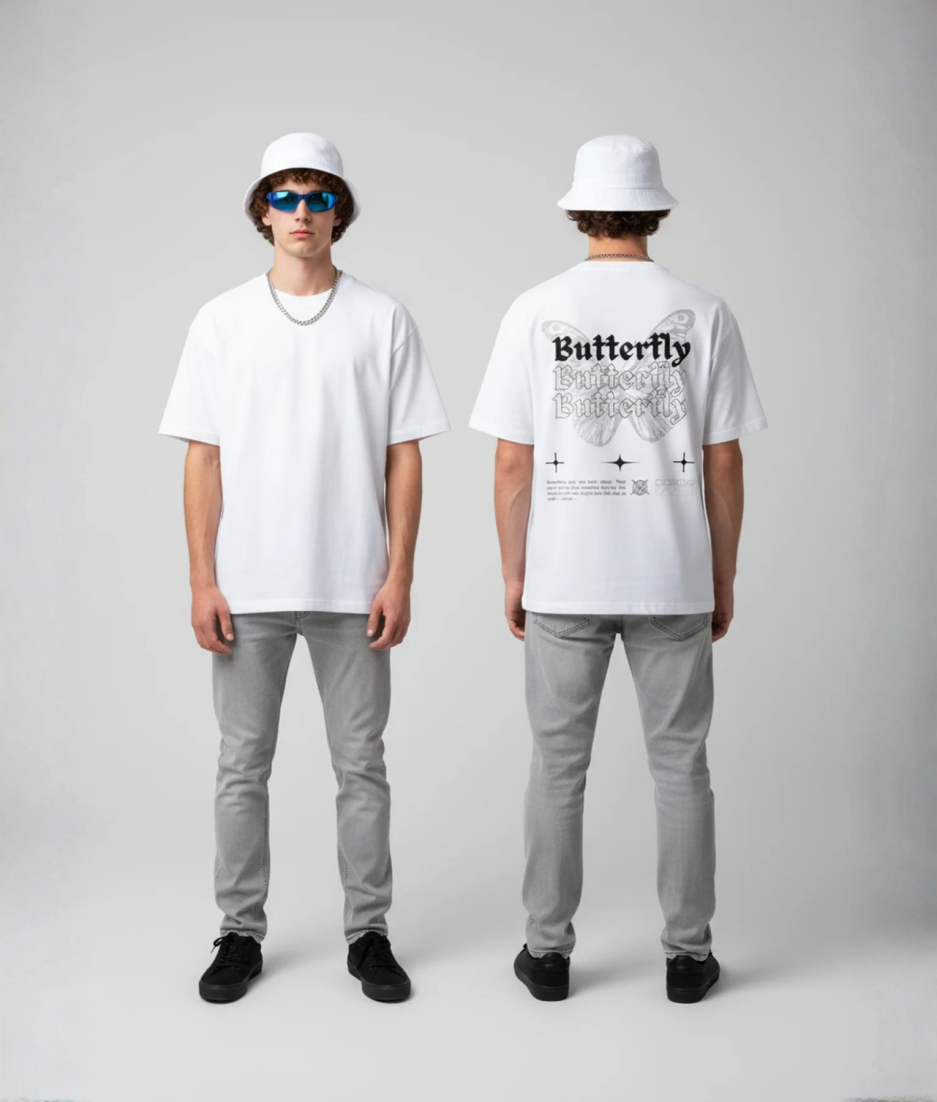 Wit T-shirt met grijze vlinder illustratie en Butterfly tekst herhalend in gothic lettertype op de rug