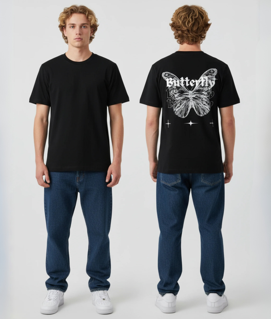 Zwart unisex T-shirt voor- en achteraanzicht gedragen door mannelijk model met Butterfly gotische tekst en grote witte vlinder illustratie op de rug streetwear festival T-shirt