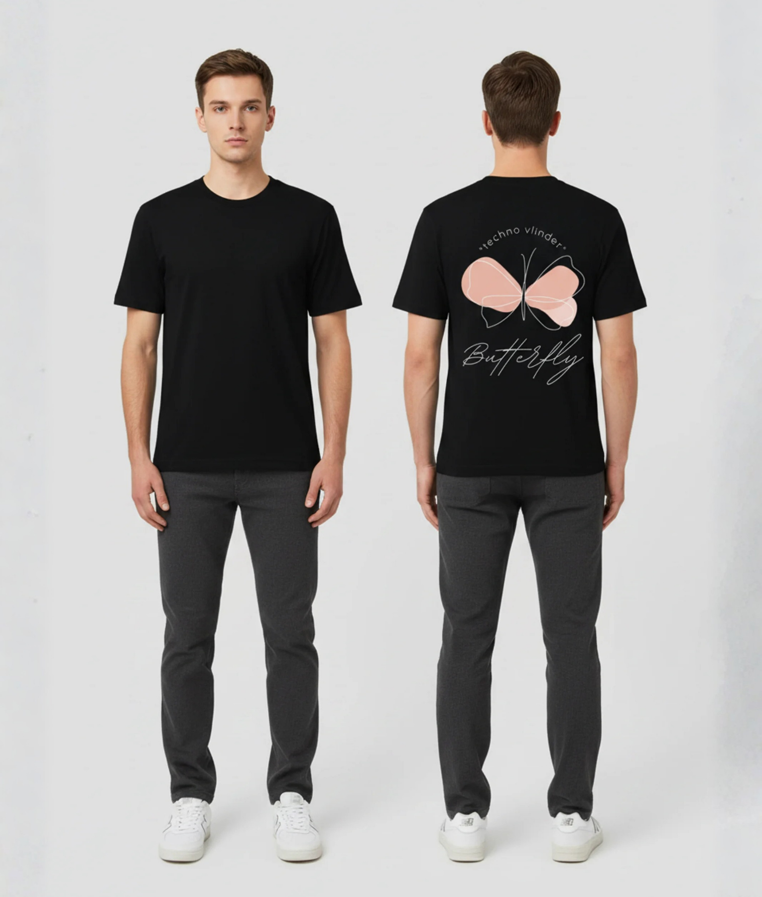Zwart T-shirt met roze vlinder illustratie en Butterfly tekst in sierlijk cursief lettertype op de rug