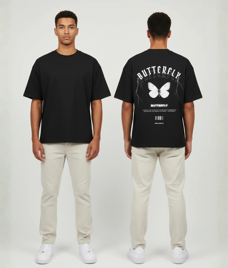 Zwart T-shirt met witte vlinder illustratie, BUTTERFLY tekst in gothic letters en bliksemschichten op de rug