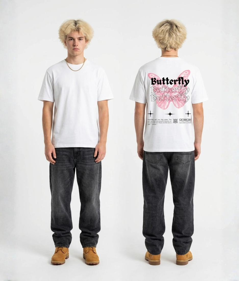 Wit unisex T-shirt voor- en achteraanzicht gedragen door mannelijk model met Butterfly roze vlinder print en herhaalde Butterfly tekst op de rug streetwear festival T-shirt
