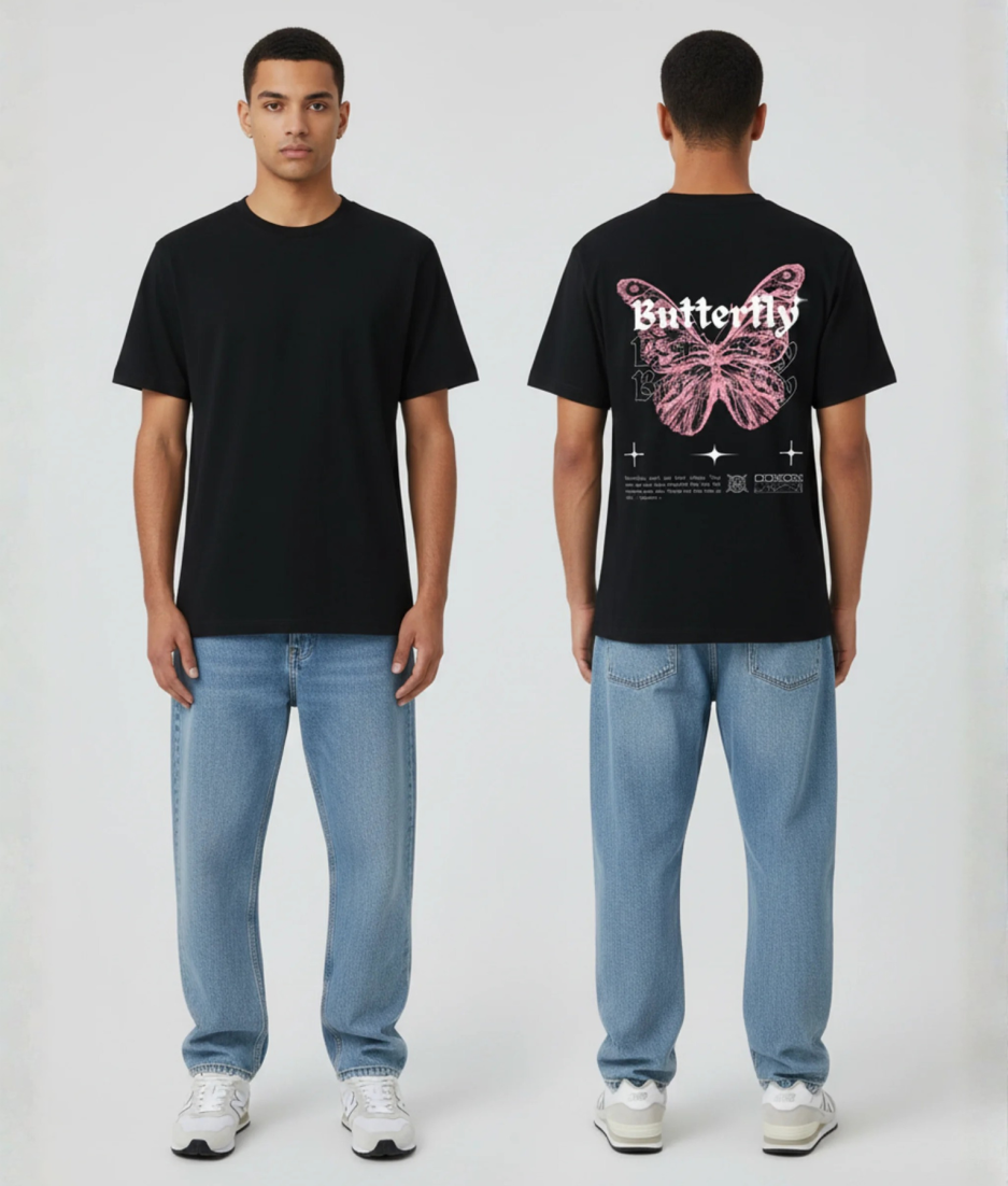 Zwart unisex T-shirt voor- en achteraanzicht gedragen door mannelijk model met Butterfly print en grote vlinder illustratie in roze op de rug