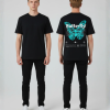 Zwart unisex T-shirt voor- en achteraanzicht gedragen door mannelijk model met Butterfly print en grote vlinder illustratie in blauw turquoise op de rug