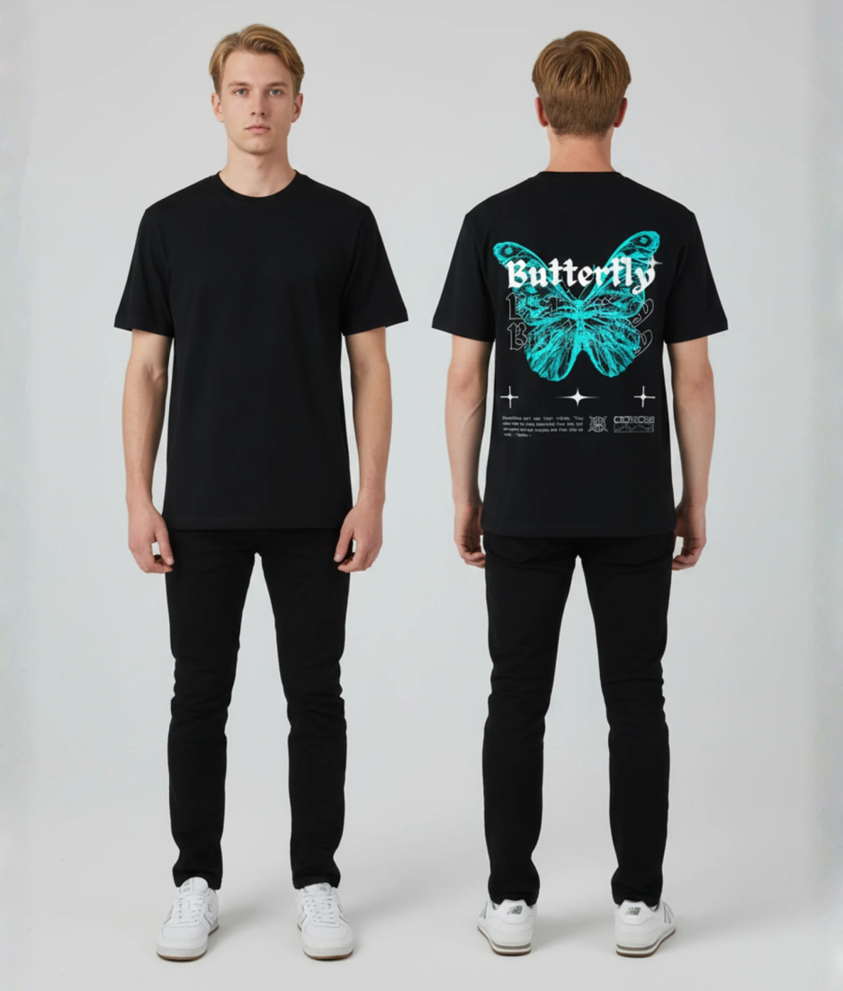 Zwart unisex T-shirt voor- en achteraanzicht gedragen door mannelijk model met Butterfly print en grote vlinder illustratie in blauw turquoise op de rug