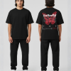 Zwart T-shirt met rode vlinder illustratie en Butterfly tekst herhalend in gothic lettertype op de rug