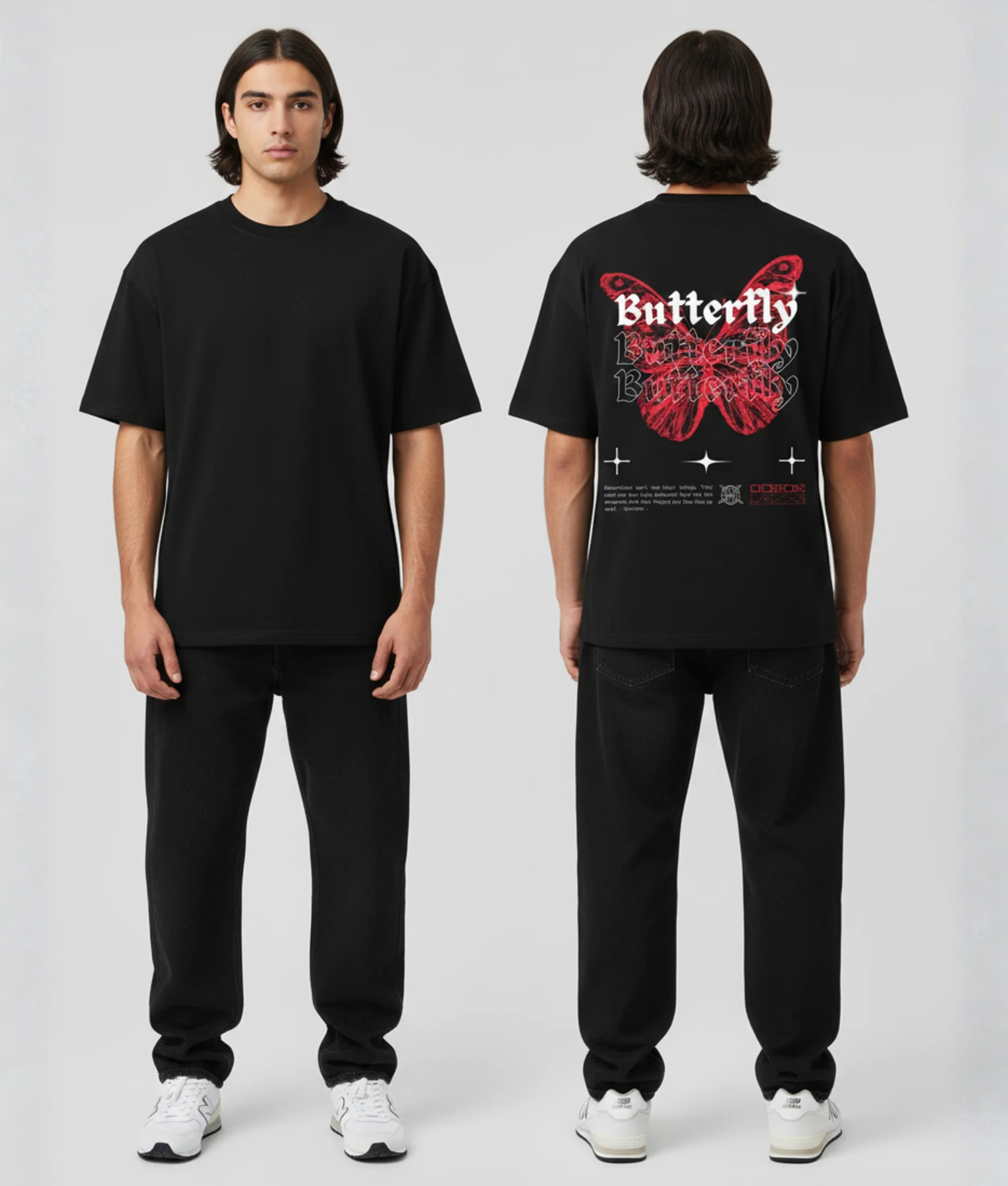 Zwart T-shirt met rode vlinder illustratie en Butterfly tekst herhalend in gothic lettertype op de rug