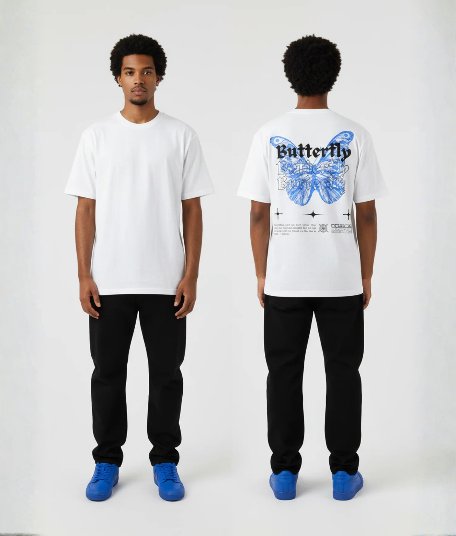 Wit T-shirt met blauwe vlinder illustratie en Butterfly tekst herhalend in gothic lettertype met sterren op de rug