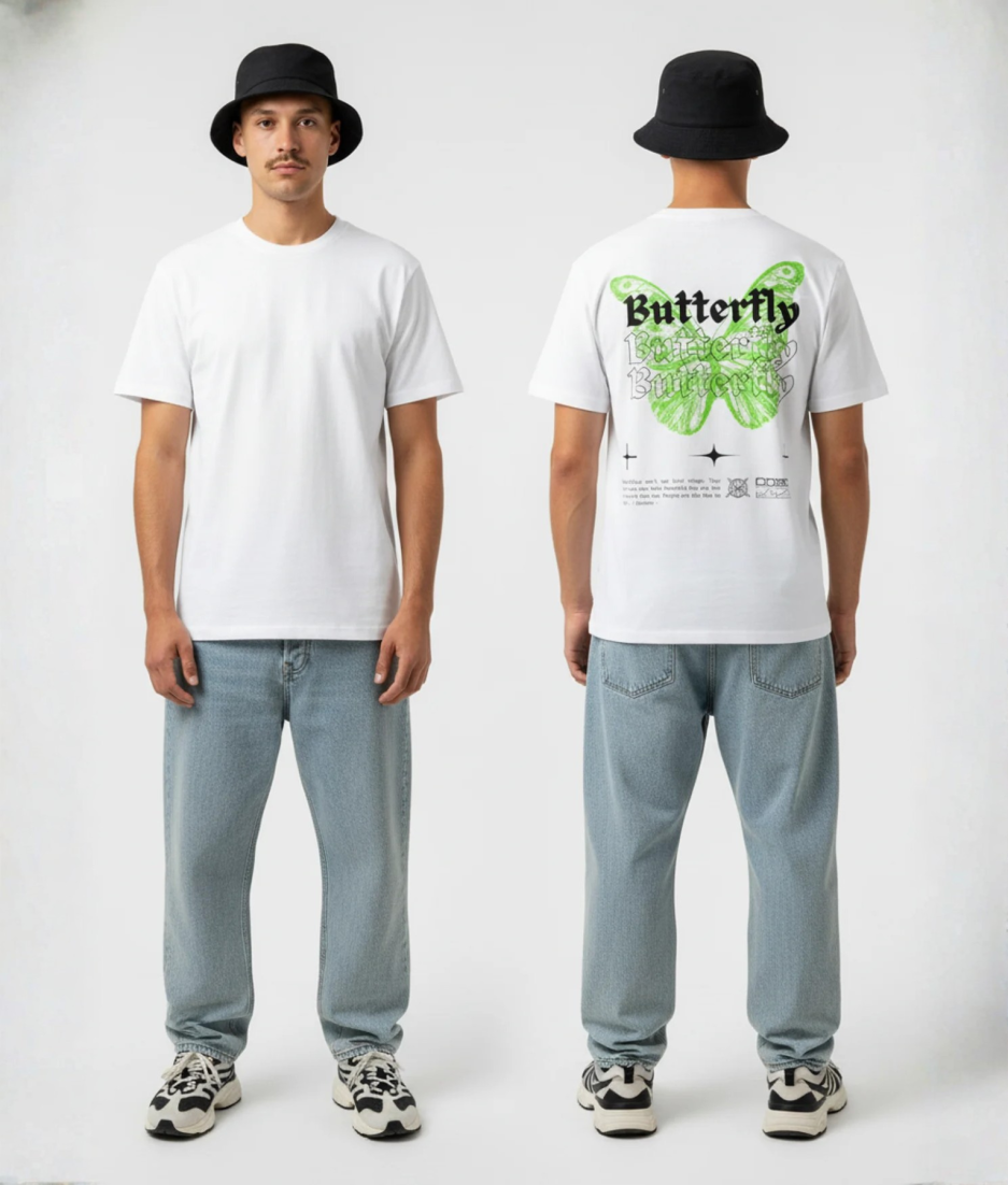 Wit T-shirt met groene vlinder illustratie en Butterfly tekst herhalend in gothic lettertype met sterren op de rug