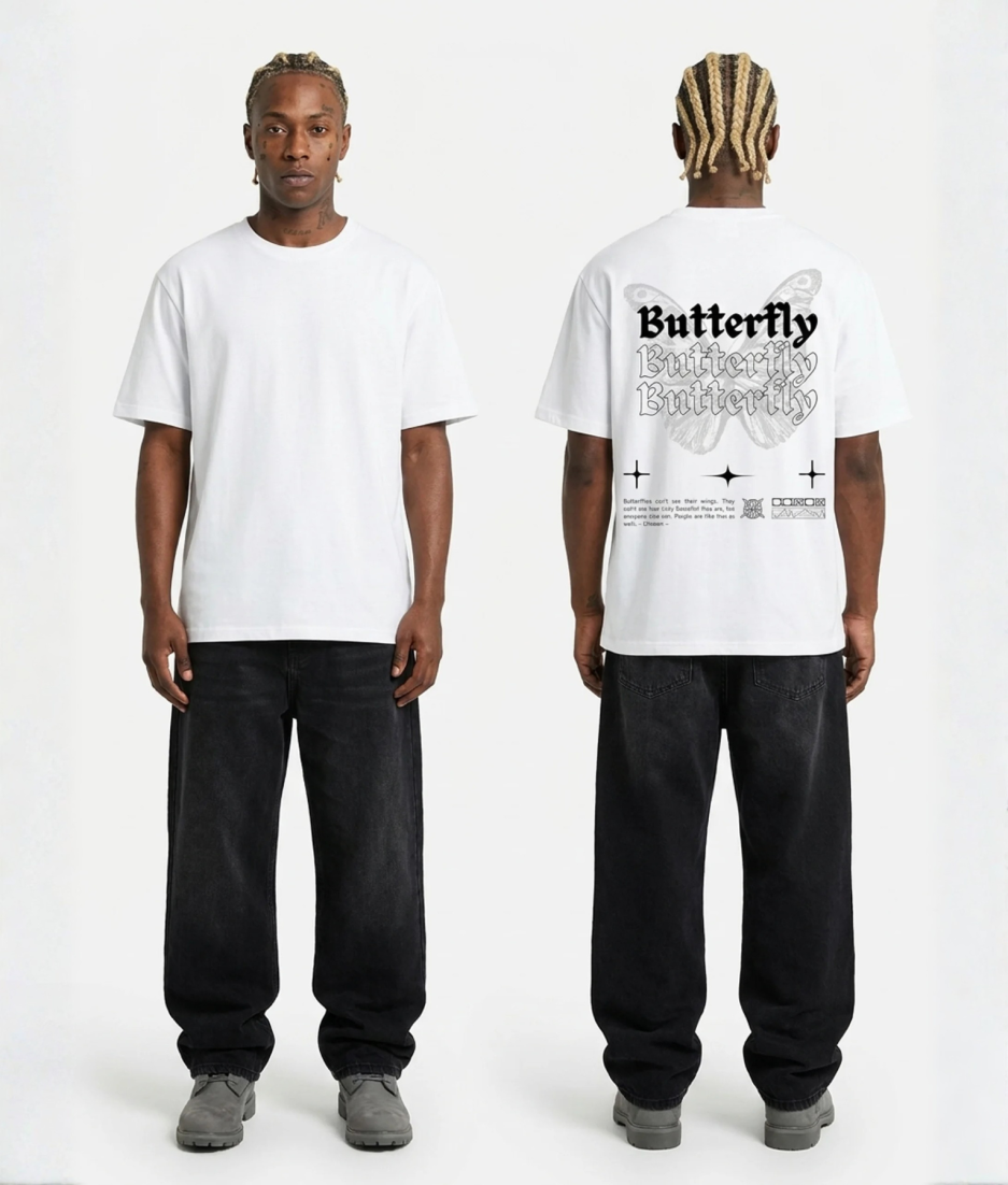 Wit unisex T-shirt voor- en achteraanzicht gedragen door mannelijk model met Butterfly gotische letters en vlinder print op de rug streetwear festival T-shirt