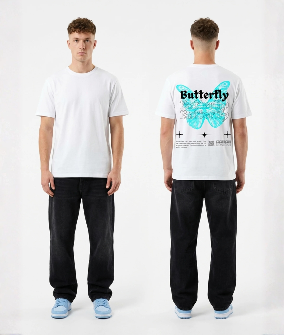 Wit unisex T-shirt voor- en achteraanzicht gedragen door mannelijk model met Butterfly vlinder blauw turquoise print en Butterfly tekst op de rug streetwear festival T-shirt