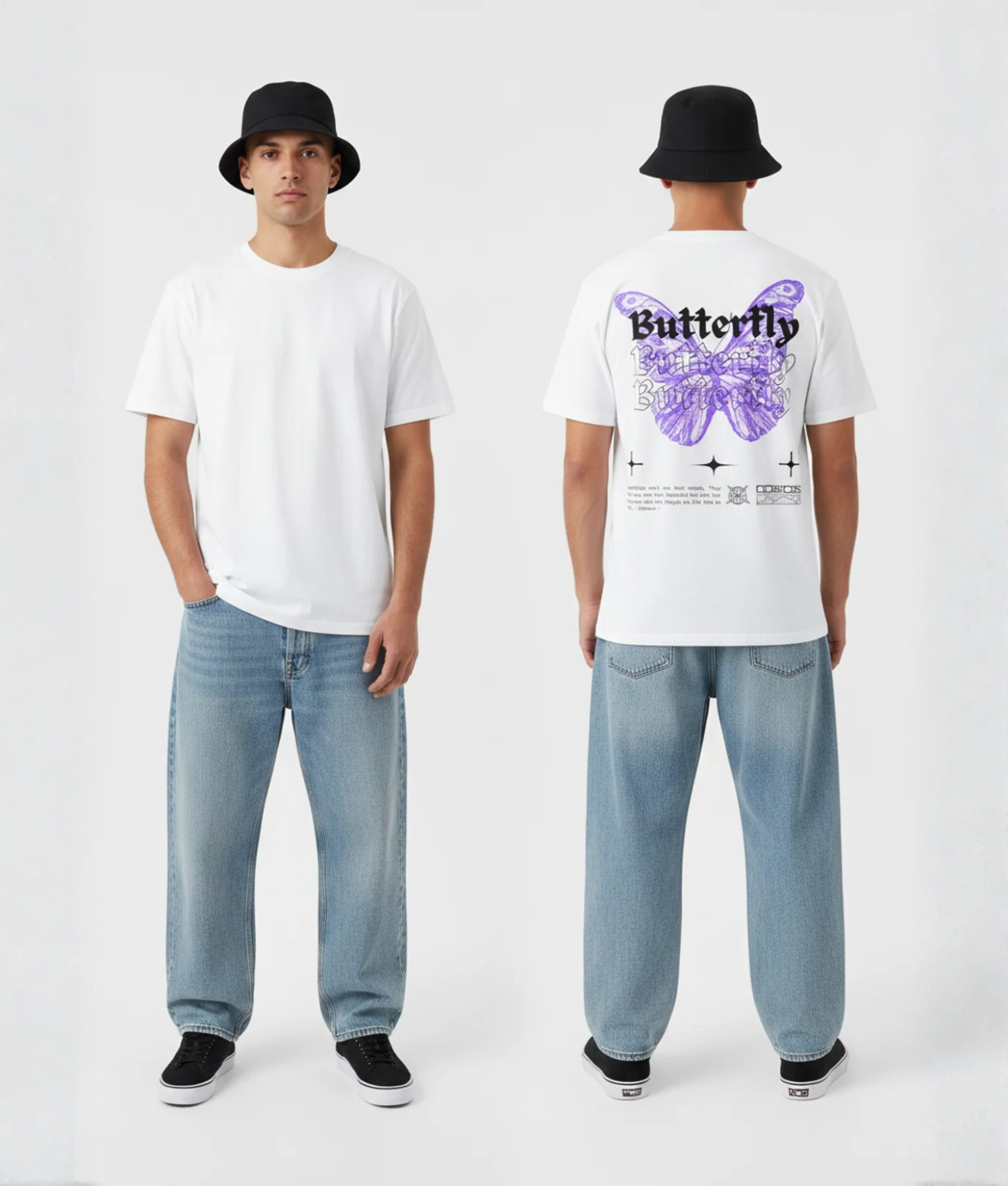 Wit T-shirt met paarse vlinder illustratie en Butterfly tekst herhalend in gothic lettertype met sterren op de rug