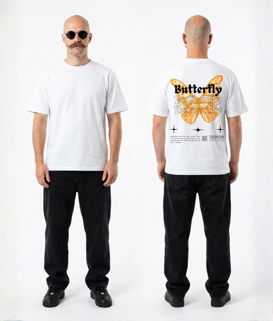 Wit unisex t-shirt met 'Butterfly' opdruk van PEP SCHEP – grote oranje vlinder illustratie met decoratieve goudkleurige details en tekst op de rug