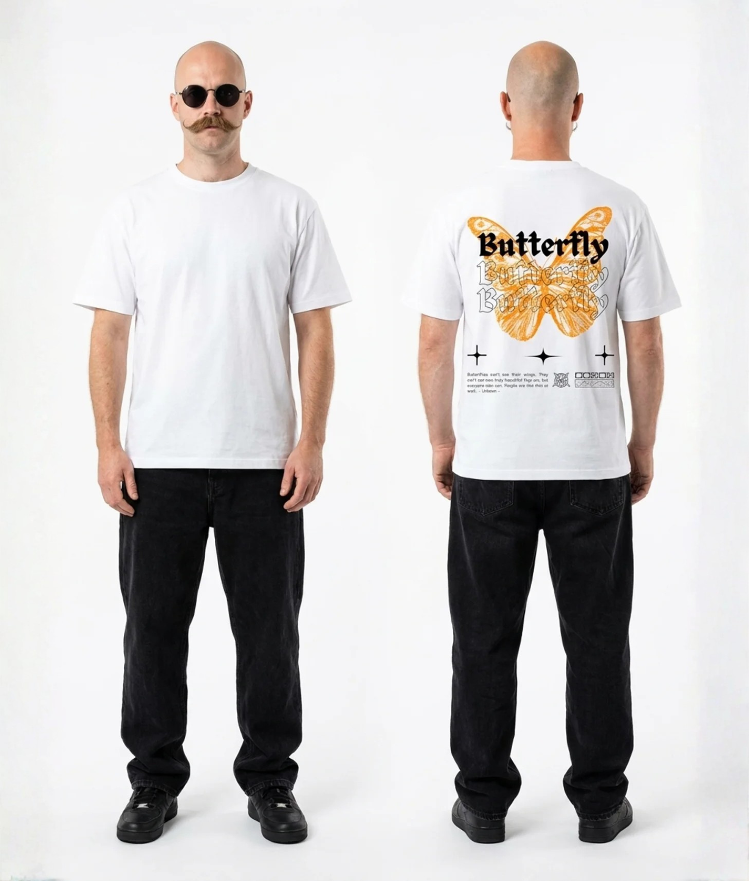 Wit unisex t-shirt met 'Butterfly' opdruk van PEP SCHEP – grote oranje vlinder illustratie met decoratieve goudkleurige details en tekst op de rug