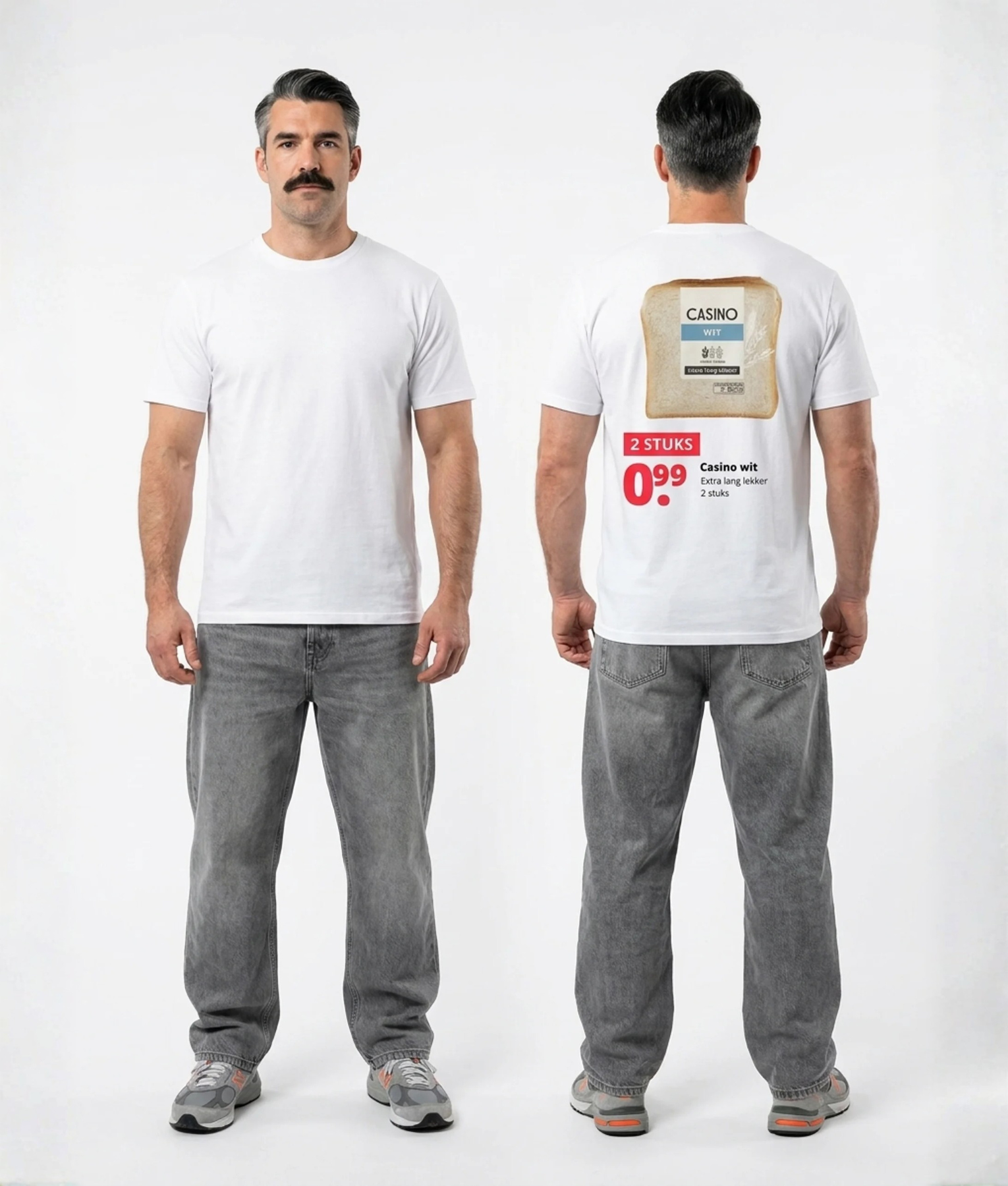 Wit unisex T-shirt voor- en achteraanzicht gedragen door mannelijk model met Casino Wit brood supermarkt reclame print op de rug 2 stuks 0.99 extra lang lekker grappig festival T-shirt