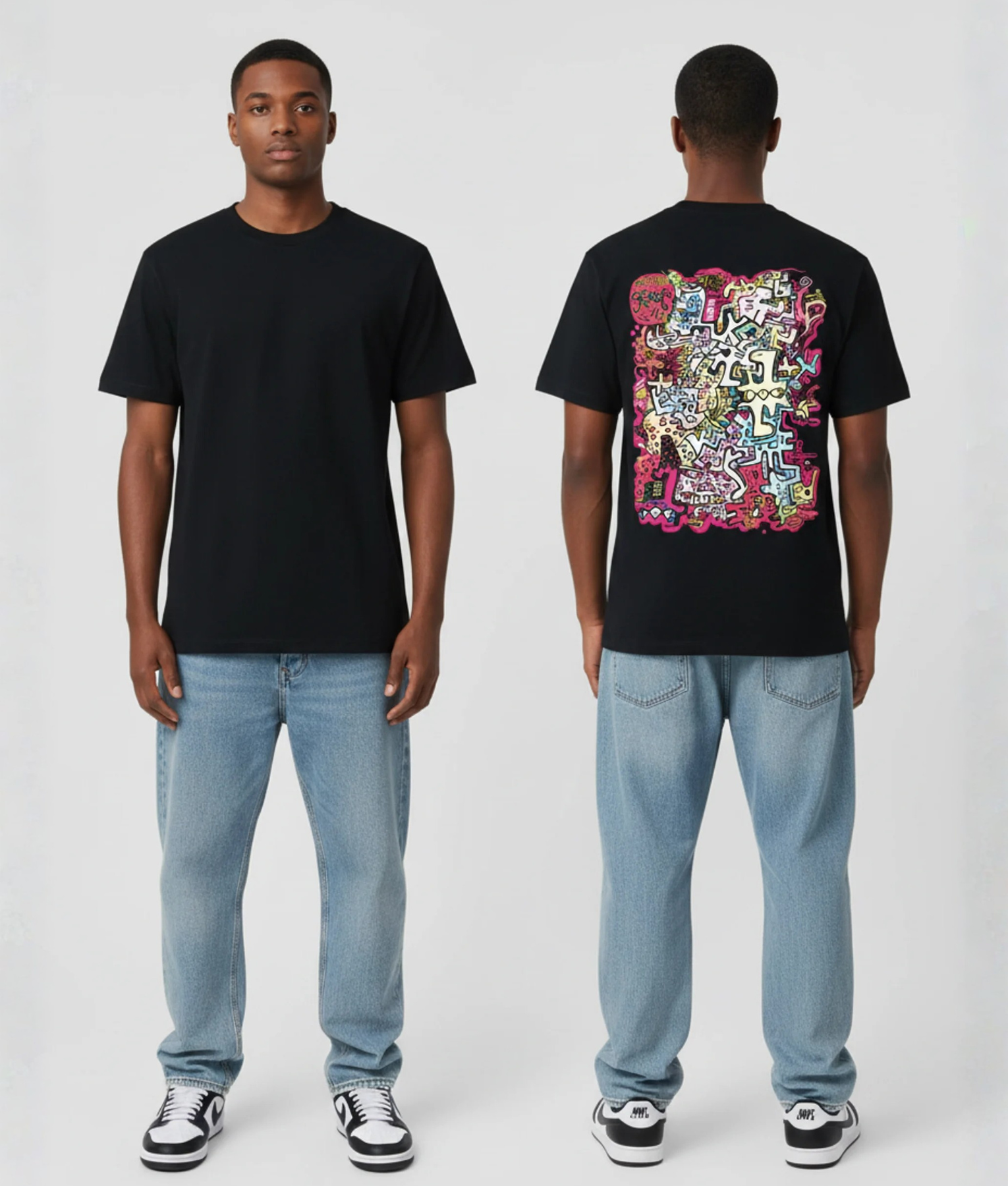 Zwart T-shirt met kleurrijke chaos graffiti illustratie vol abstracte figuren en vormen in roze blauw geel en groen op de rug