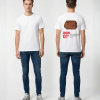 Wit unisex T-shirt voor- en achteraanzicht gedragen door mannelijk model met Chocoladebroodje supermarkt reclame print op de rug vers uit onze oven per stuk grappig festival T-shirt