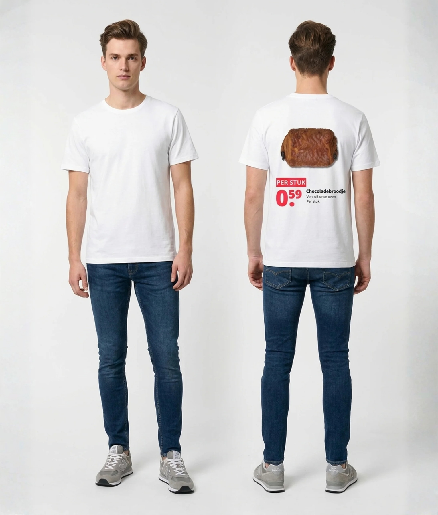 Wit unisex T-shirt voor- en achteraanzicht gedragen door mannelijk model met Chocoladebroodje supermarkt reclame print op de rug vers uit onze oven per stuk grappig festival T-shirt