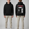 Zwarte hoodie met CONTROL tekst en marionet illustratie in rood en wit op de rug