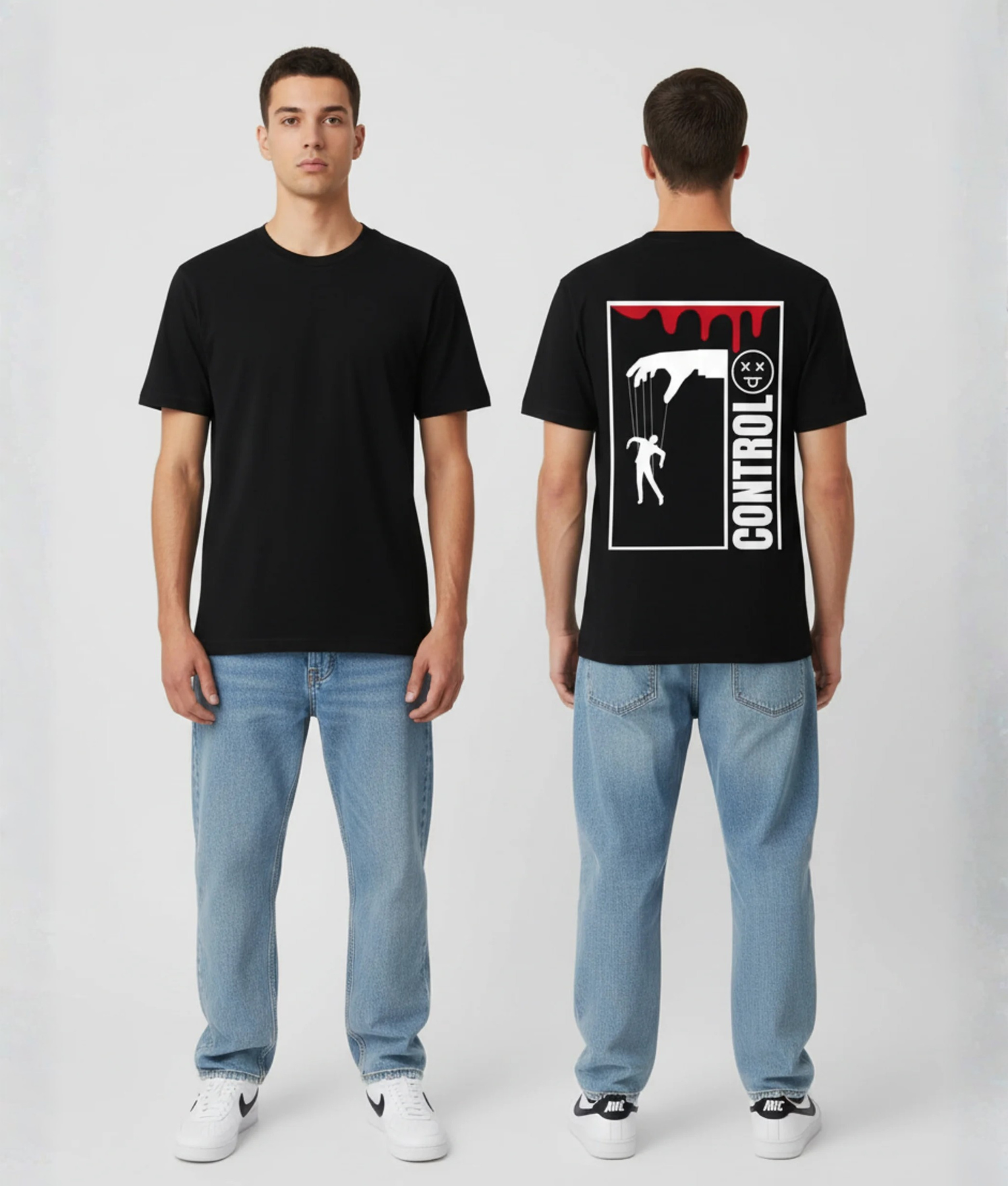 Zwart T-shirt met CONTROL tekst verticaal, witte marionet pop aan touwtjes bestuurd door een hand met rode bloeddruppels in een kader op de rug