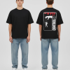 Zwart T-shirt met CONTROL tekst verticaal, marionet illustratie aan touwtjes en rode drip achtergrond op de rug