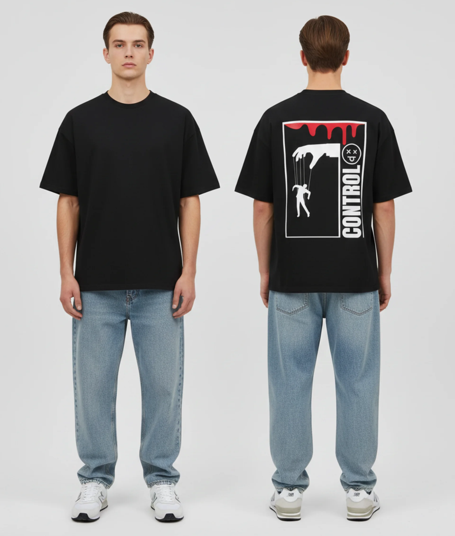 Zwart T-shirt met CONTROL tekst verticaal, marionet illustratie aan touwtjes en rode drip achtergrond op de rug