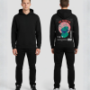 Zwarte hoodie met THE CREATION print en Griekse buste illustratie in blauw en rood op de rug