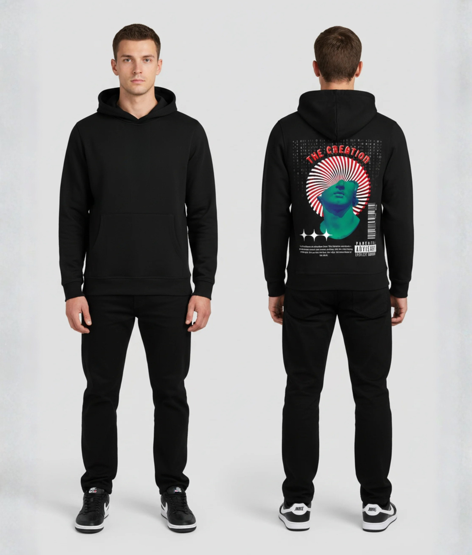 Zwarte hoodie met THE CREATION print en Griekse buste illustratie in blauw en rood op de rug