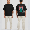 Zwart T-shirt met THE CREATION tekst, Griekse buste illustratie met rood en wit spiraal en barcode op de rug