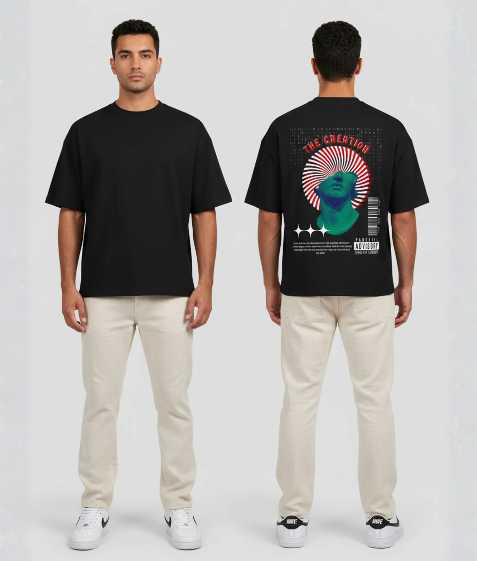 Zwart T-shirt met THE CREATION tekst, Griekse buste illustratie met rood en wit spiraal en barcode op de rug