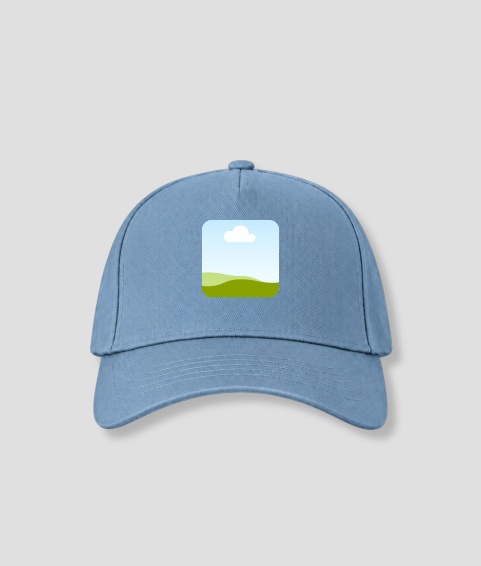 Grijsblauwe snapback cap met vierkante foto opdruk op voorpaneel