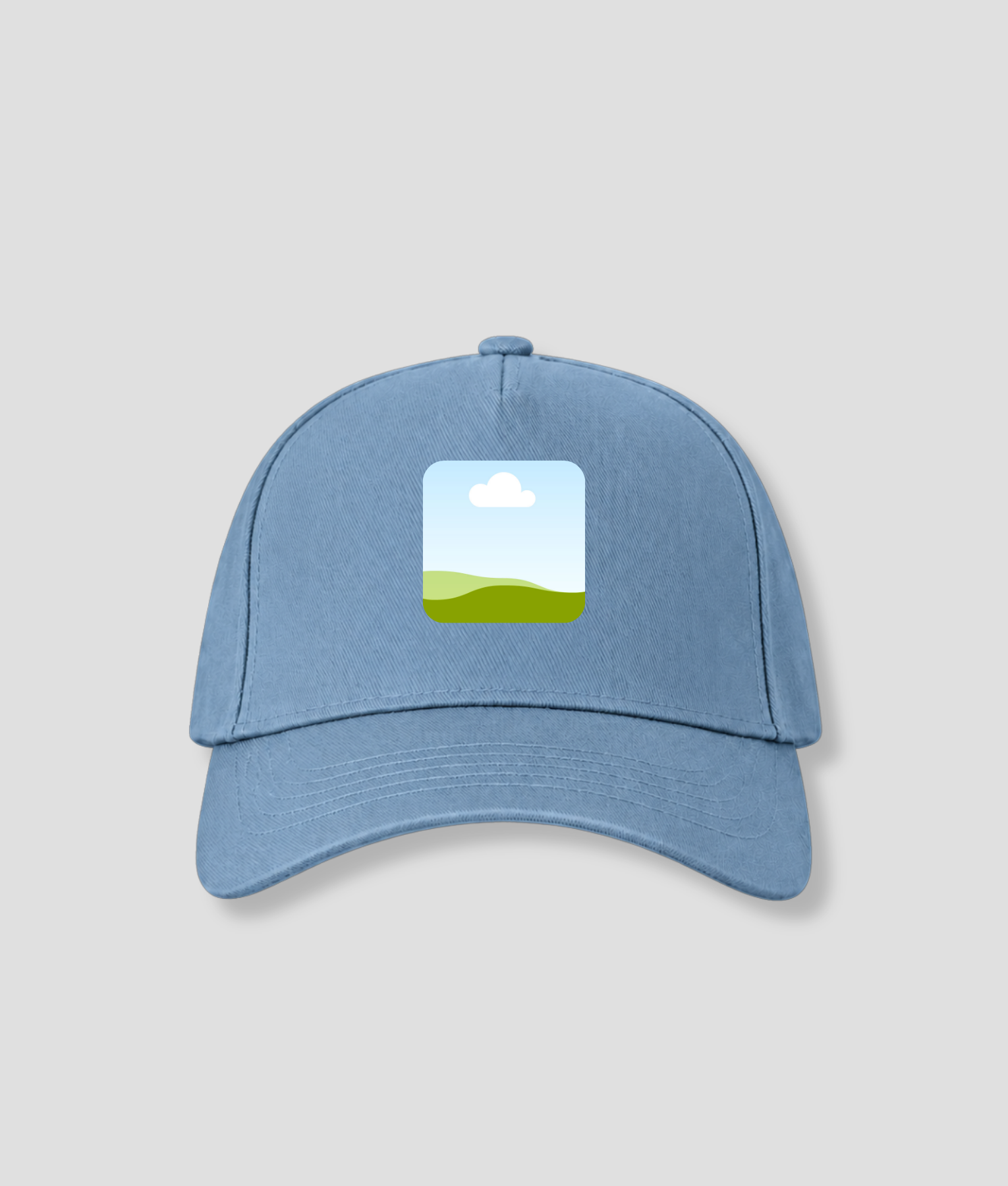 Grijsblauwe snapback cap met vierkante foto opdruk op voorpaneel