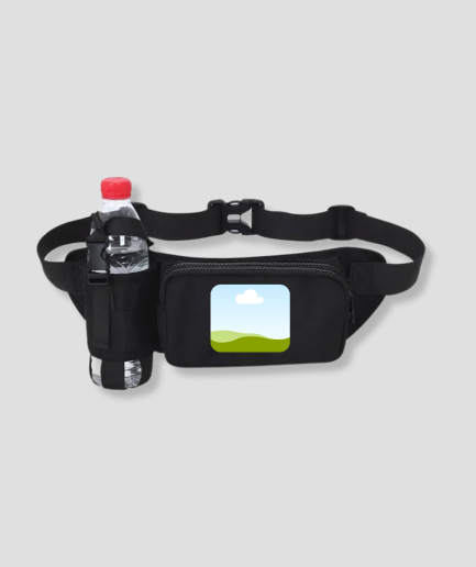 Zwarte fanny pack met fleshouder en landschapsfoto opdruk op voorzijde