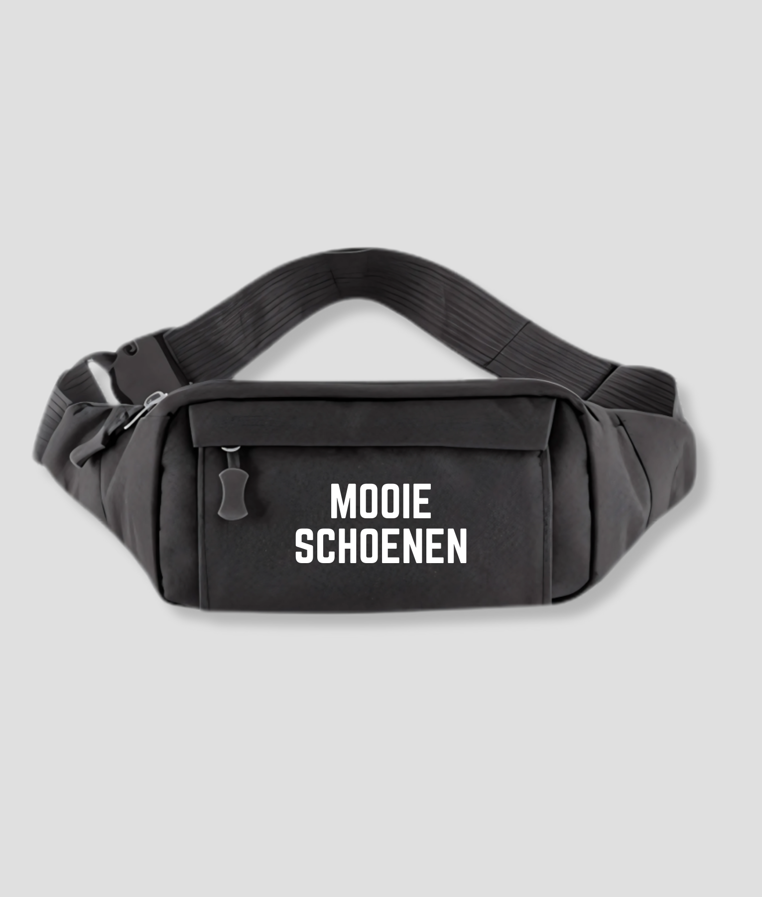 Donkergrijze fanny pack met witte tekst MOOIE SCHOENEN opdruk op voorzijde