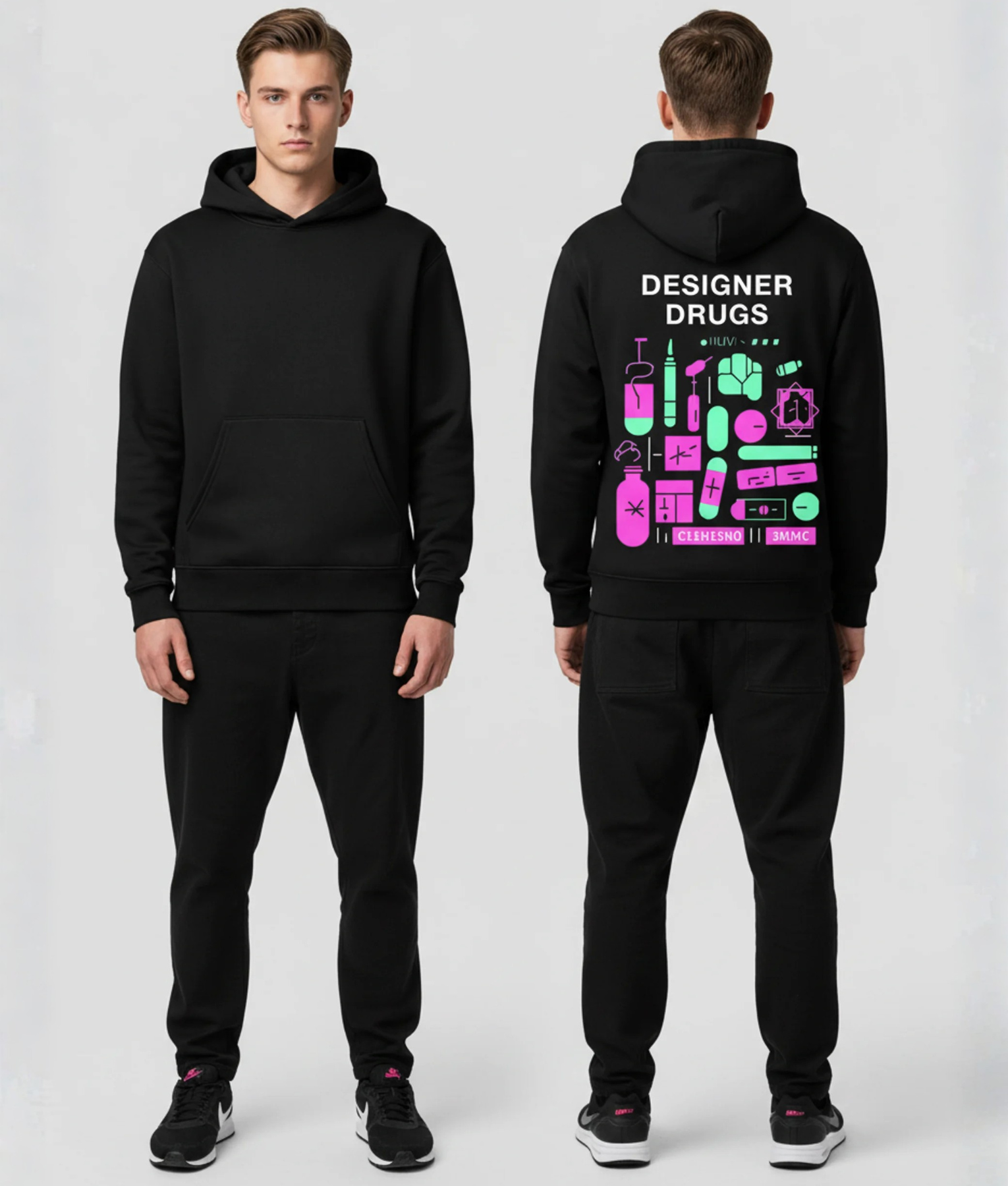 Zwarte hoodie met DESIGNER DRUGS tekst en kleurrijke pillen illustratie op de rug