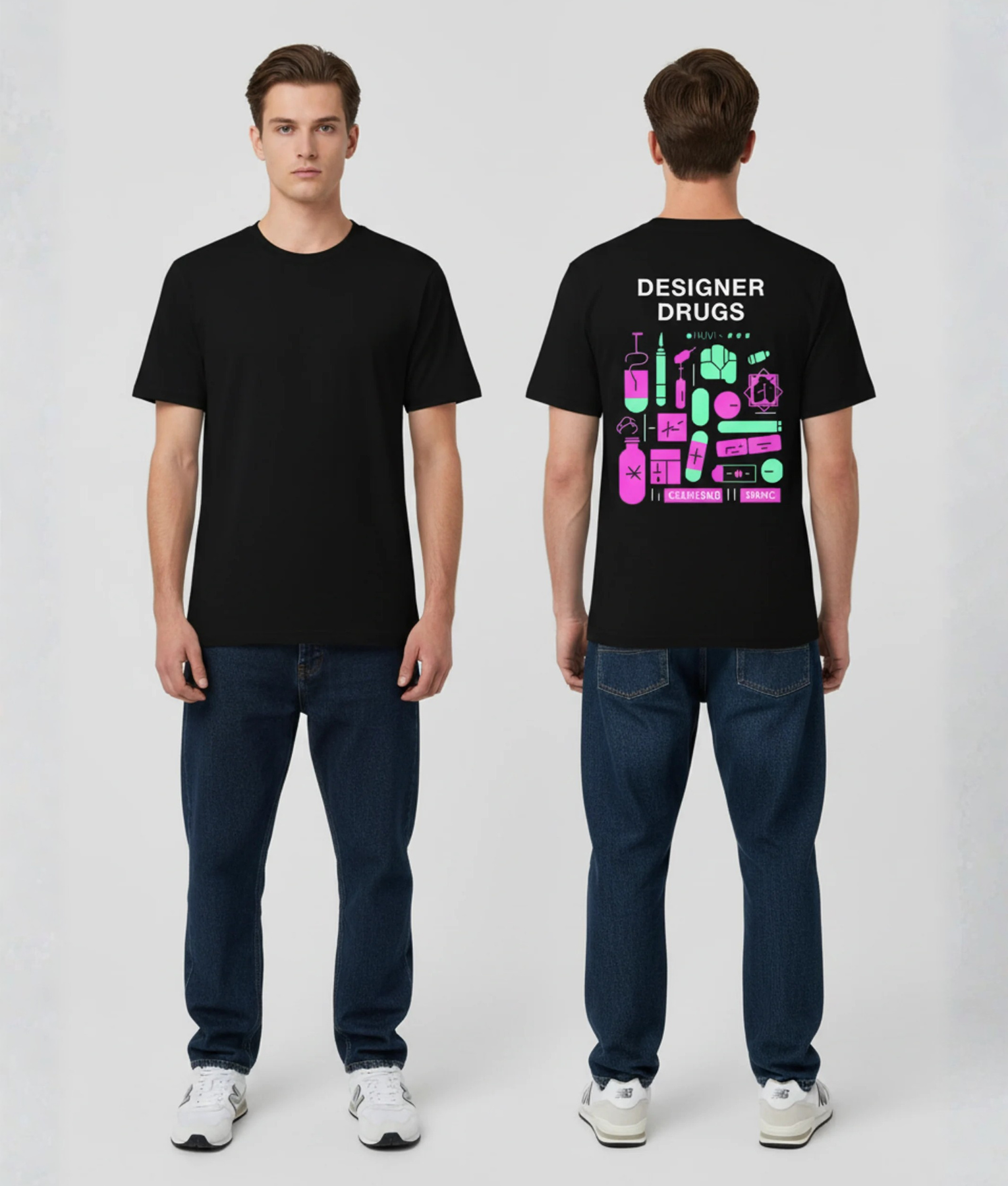 Zwart T-shirt met DESIGNER DRUGS tekst en roze en groene festival illustraties van pillen spuiten en zakjes op de rug