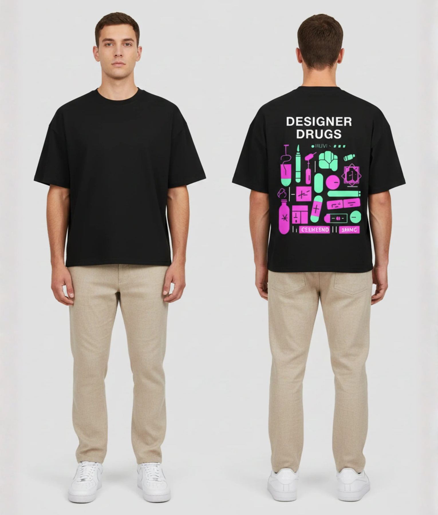 Zwart T-shirt met DESIGNER DRUGS tekst en roze en groene illustraties van flesjes, pillen en chemische symbolen op de rug