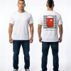 Wit unisex T-shirt voor- en achteraanzicht gedragen door mannelijk model met USEABLE FOR DRUGS ONLY tekst herhaald en rode doos print op de rug