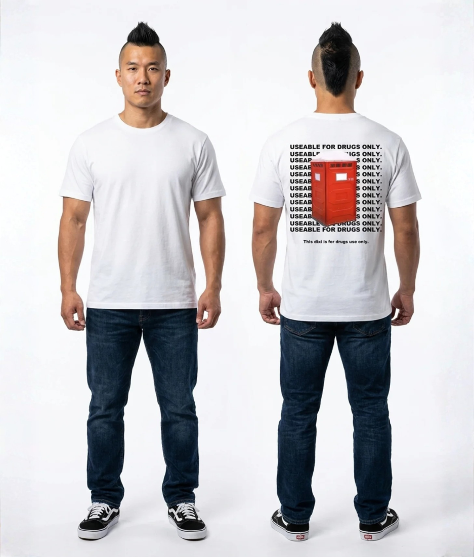 Wit unisex T-shirt voor- en achteraanzicht gedragen door mannelijk model met USEABLE FOR DRUGS ONLY tekst herhaald en rode doos print op de rug