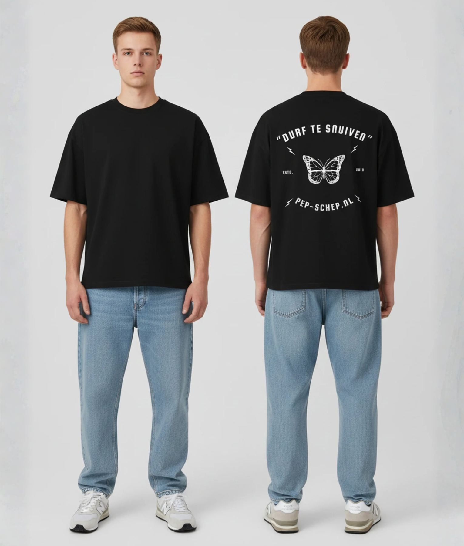 Zwart T-shirt met witte vlinder illustratie en DURF TE SNUIVEN tekst en PEP-SCHEP.NL op de rug