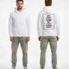Witte hoodie met EAT RAVE DANCE SLEEP print in zwart en rood op de rug