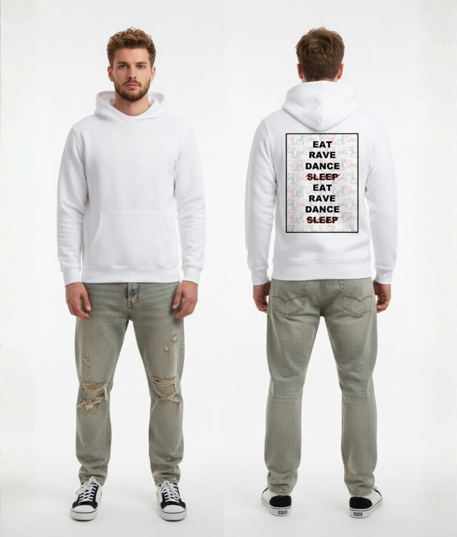 Witte hoodie met EAT RAVE DANCE SLEEP print in zwart en rood op de rug