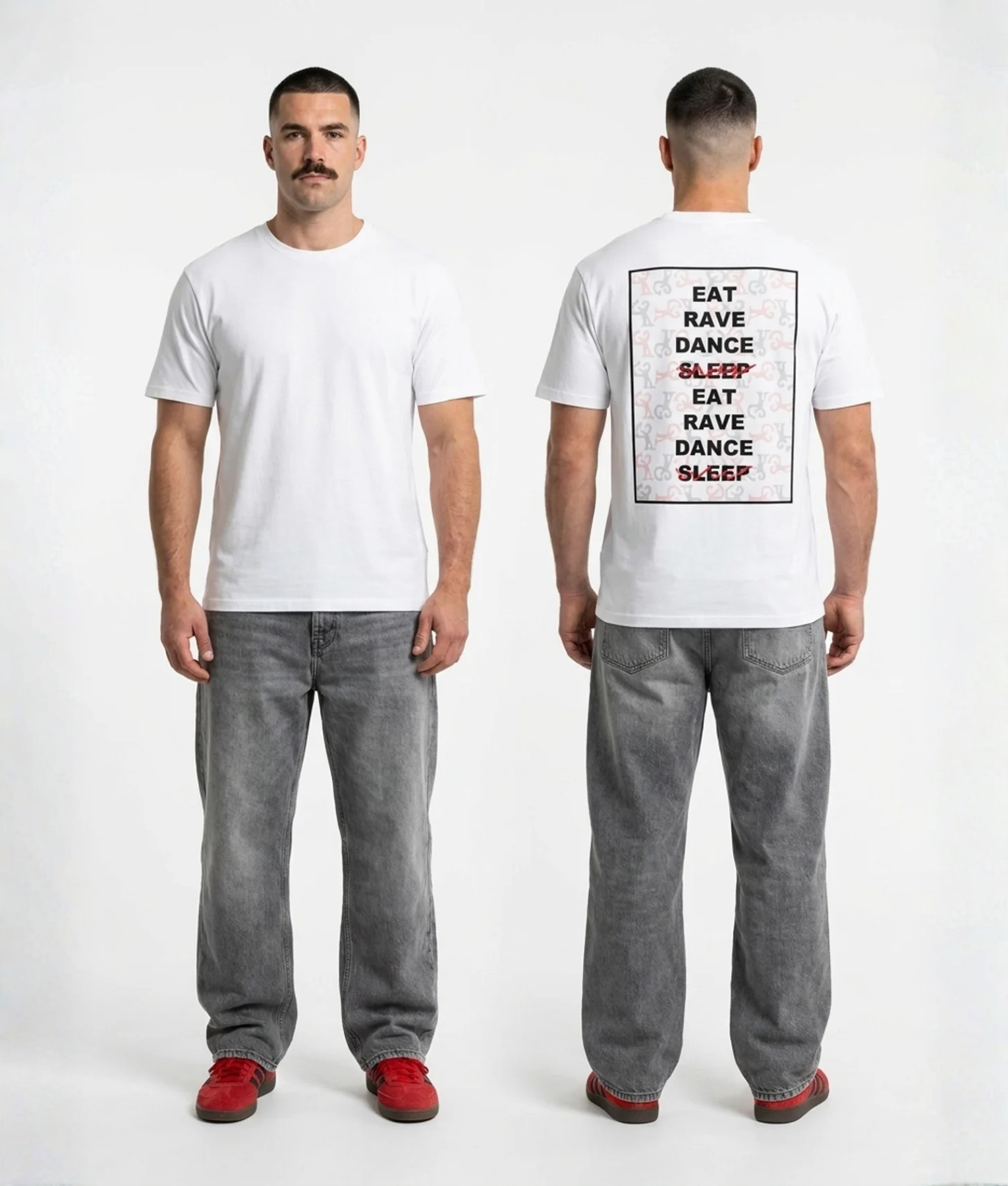 Wit unisex t-shirt met 'Eat Rave Dance Sleep' typografie opdruk van PEP SCHEP – herhalende tekst print in kader op de rug