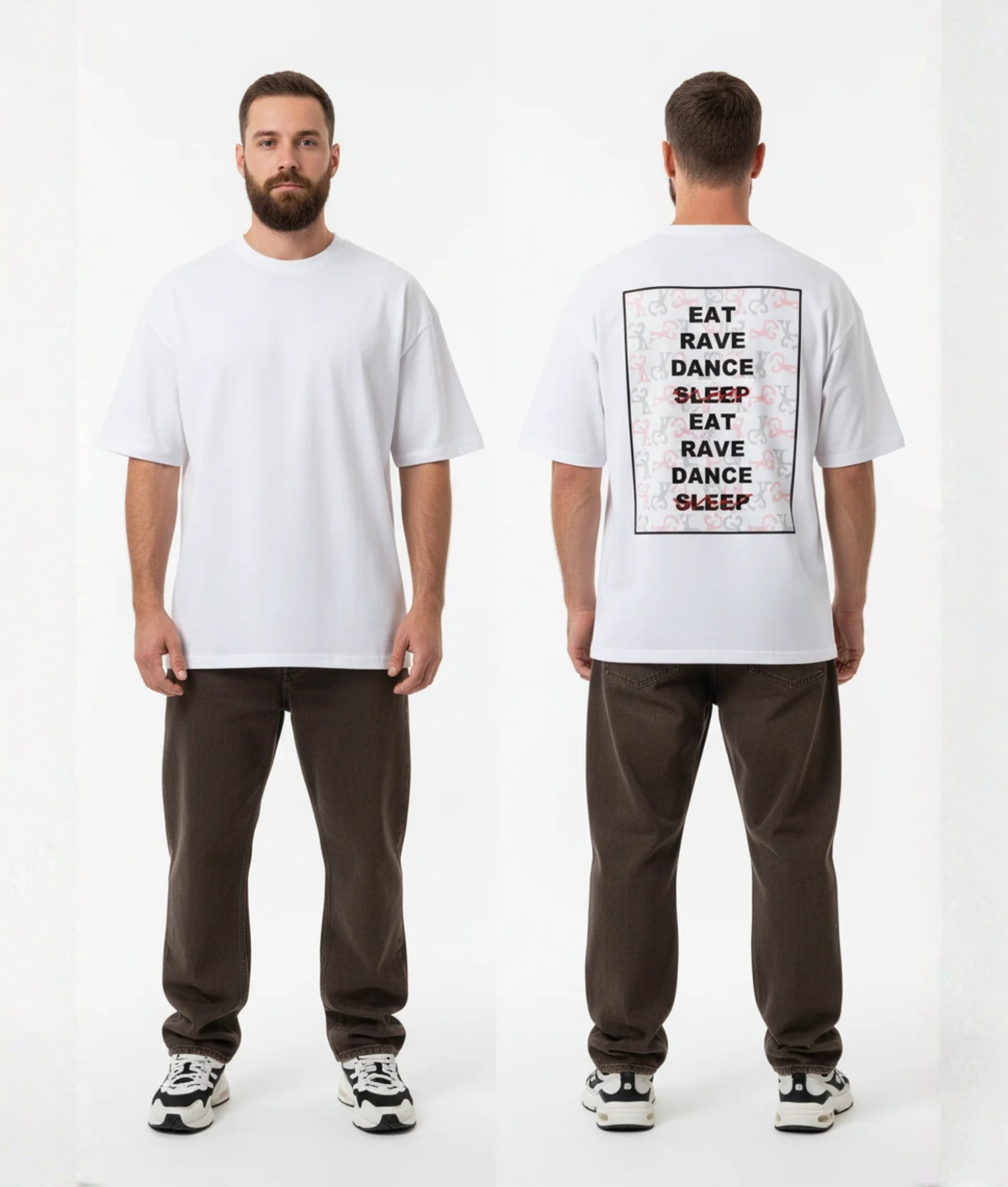 Wit T-shirt met EAT RAVE DANCE SLEEP tekst in zwart en rood met floral patroon op de rug